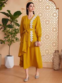 Al Najma Floral Applique Lantern Sleeve Arabian Dress With Patchwork - Yellow - View 6