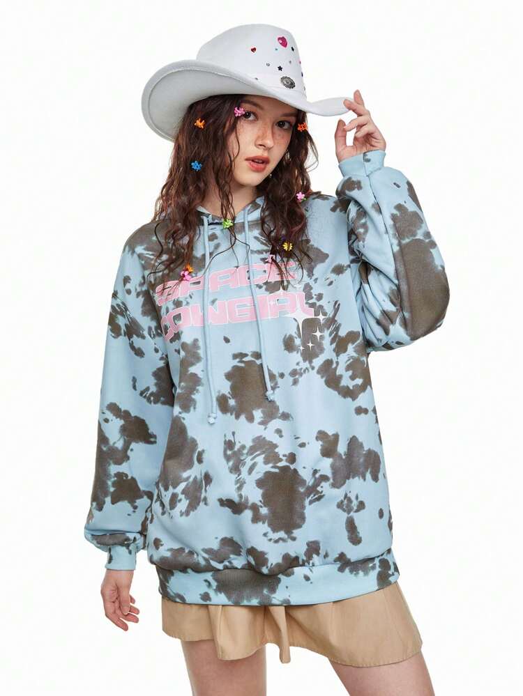 Women's Long Sleeve Tie-Dye Letter Printed Hoodie With Drawstring