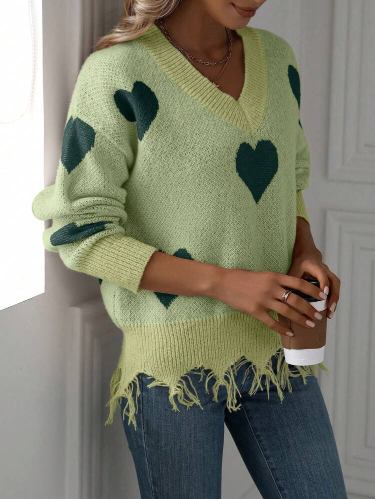 Women's Heart Pattern Distressed Trim Drop Shoulder Sweater, Knit Pullover Fall Winter