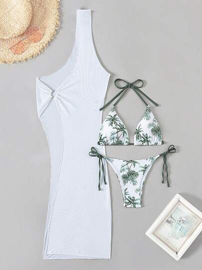 SHEIN Swim Ensemble de 3 pièces de maillot de bain pour femme pour l'été, avec bikini, cache-maillot et imprimé de cocotier pour les vacances à la plage, les mariages