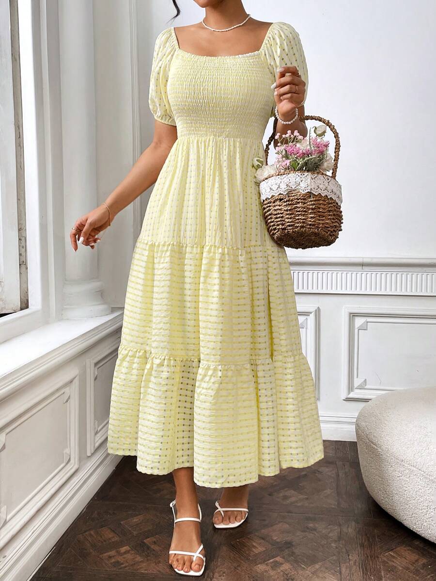 SHEIN LUNE Women Dresses Ruffle Hem Shirred Plain Casual - Kuning - View 1