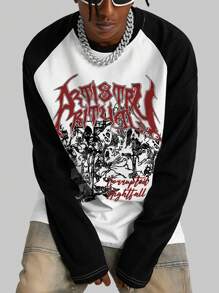 ROMWE MEN Grunge Punk 男式字母印花插肩袖T恤，适合秋季，2000年代风格 - 黑與白 - 查看 1