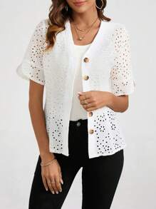 SHEIN Clasi V-Neck Button Up Eyelet Embroidered Blouse - White - View 5