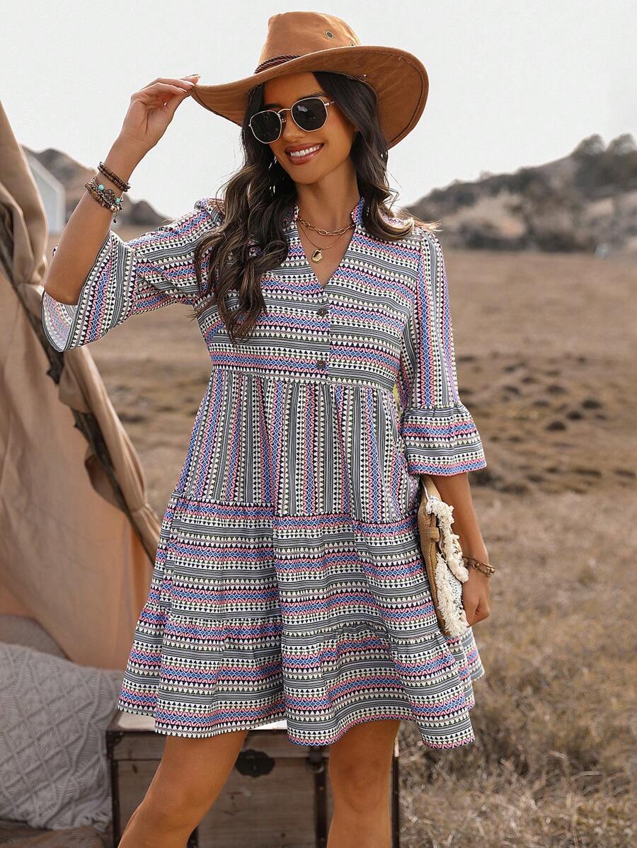 SHEIN Clasi 女士幾何紋印花泡泡袖連身裙 - 彩色 - 查看 1