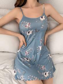 Camisón de pijama con tirantes finos con estampado de mariposas y flores para mujer - Azul - Ver 1