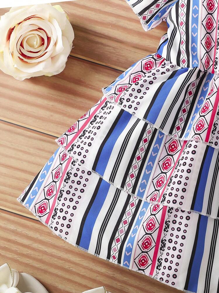 New Arrival Baby Girl Casual Bohemian Style Geometric Printed Cak Dress With Square Collar, Princess Style