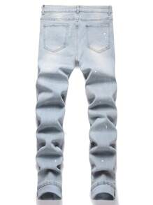 Manfinity Roughcore Men's Patchwork Ripped Jeans, Frayed Slim Fit Long Light Blue Cargo For Husband, Boyfriend Gifts Hang Out Street Going Urban, Emo Style - Light Wash - View 2