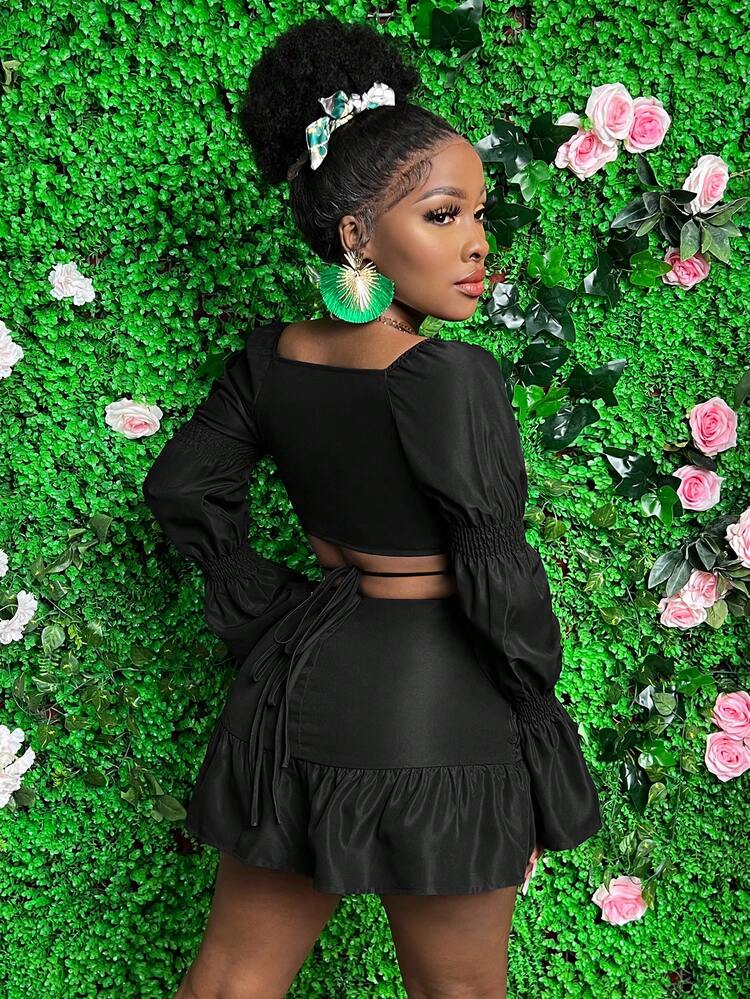 Solid Color Bell Sleeve Top With Criss Cross Tie & Ruffle Hem Skirt Two Piece Set