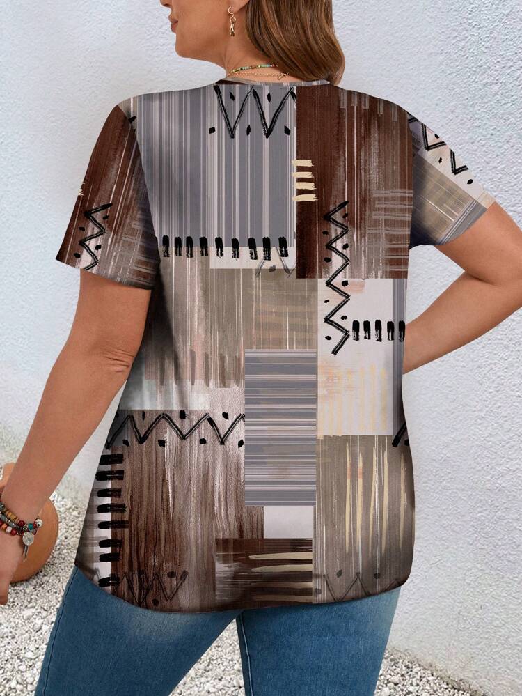 Plus Size Women Spring Asymmetrical Printed Graphic Color Block Fit T-Shirt, Summer,Flower/Vacation