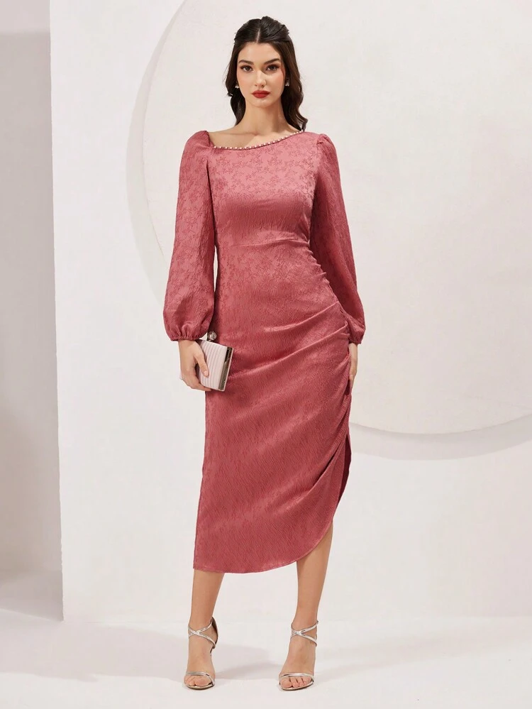 Ladies' Solid Color Asymmetrical Texture Asymmetric Collar Beaded Details Side Slit Dress Long Evening Dresses Fall Cloth For Women