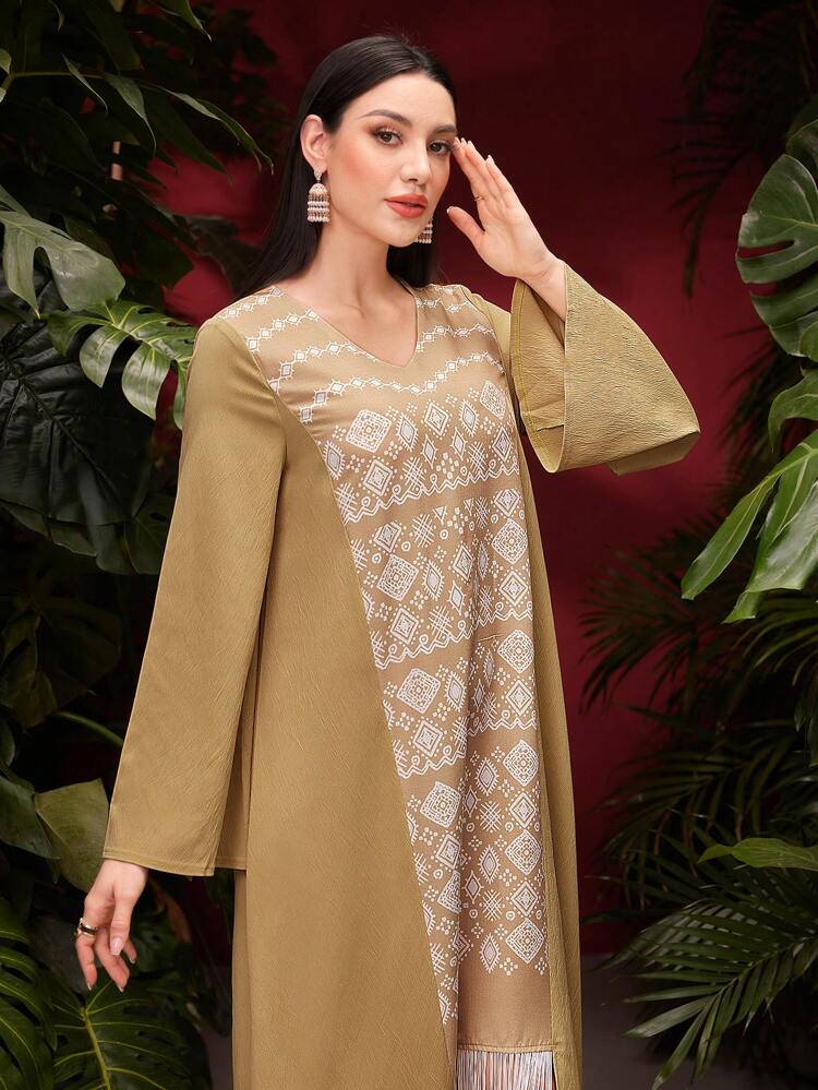 Women's Geometric Print Fringed Hem Arabian Jalabiya Dress
