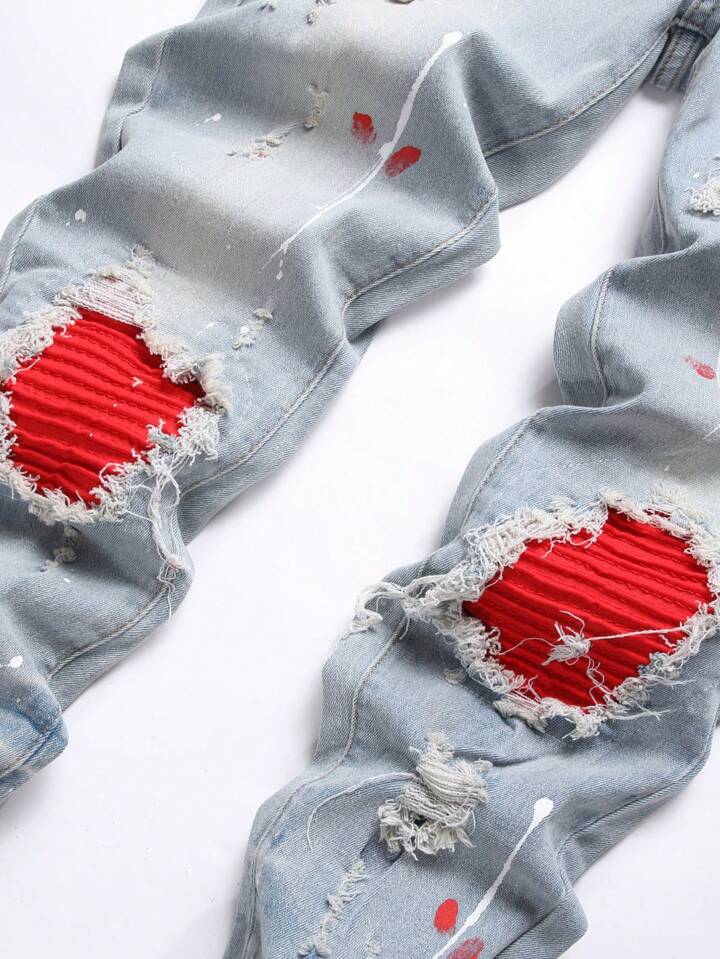 Manfinity LEGND Men's Patchwork Ripped Jeans, Frayed Jeans, Slim Fit Long Ripped Light Blue Cargo Jeans, For Husband, Boyfriend Gifts