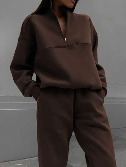 INAWLY Women's Zipper Half Placket Drop Shoulder Sweatshirt And Pants Set Fall Cloth For Women