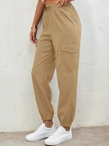 SHEIN LUNE Pantalones De Carga De Color Sólido Para Mujer - Caqui - Ver 4