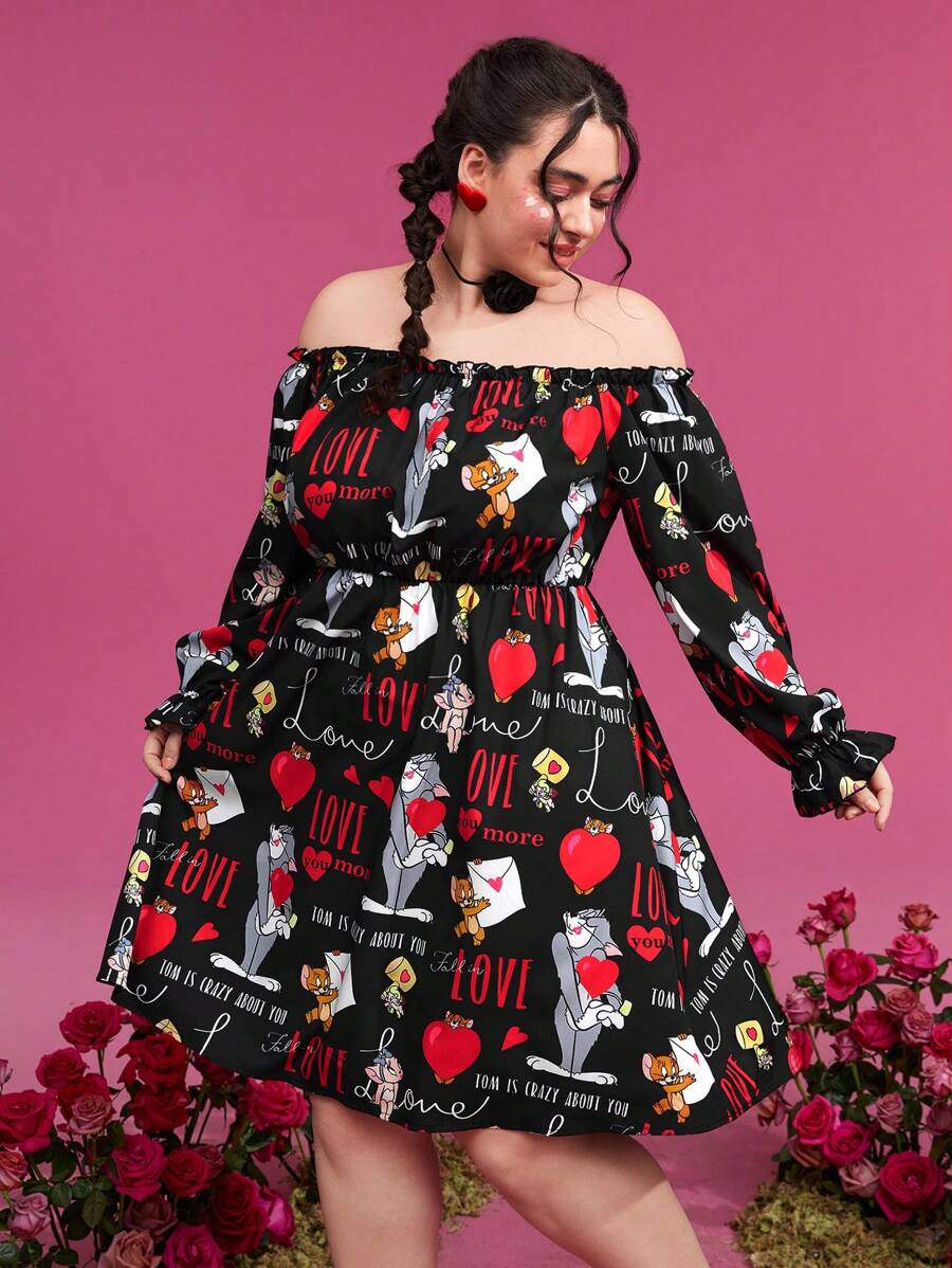 TOM & JERRY X SHEIN Plus Cartoon Graphic Off Shoulder Dress - Black - View 1