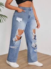 SHEIN Plus Size Ripped Jeans - Light Wash - View 3