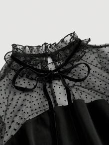 SHEIN MOD Plus Size Vintage Polka Dot Mesh Contrast Knitted Ruffle Hem Dress - Black - View 4