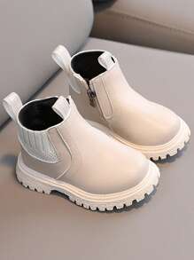 Autumn And Winter New Girls' And Boys' Casual, Fashionable Soft-soled Boots, Flat Little Pu Leather Shoes For Toddler, Winter - Beige - View 2