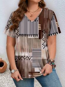 EMERY ROSE Camiseta de ajuste de verano con bloque de color e impresión gráfica asimétrica para mujer de talla grande - Marrón - Ver 3