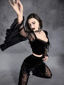 Gothic Contrast Mesh Flounce Sleeve Velvet Top - Black - View 6