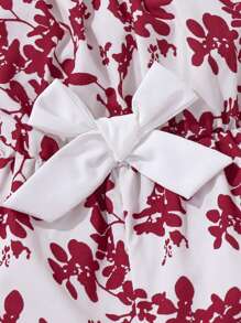 SHEIN 嬰兒女寶寶休閒蝴蝶結和植物印花短袖連體裝 - 紅色 - 查看 3