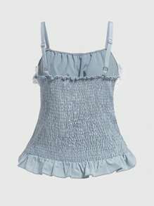 ROMWE Kawaii 女士蕾丝边荷叶边下摆吊带背心，学校风 - 藍色 - 查看 4
