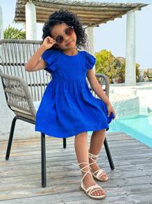 SHEIN Young Girl's Daily Casual Solid Color Round Neck Dress - Blue - View 6