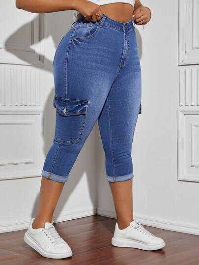 SHEIN SXY Plus Size Women's Elastic Denim Skinny Jeans With Flared Hem And Pockets - Versatile And Slimming