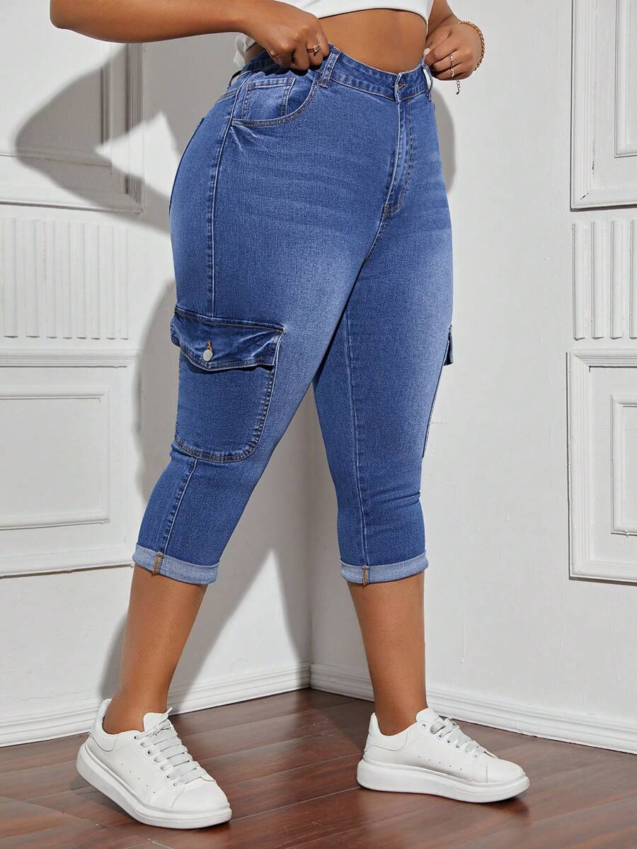 SHEIN SXY Plus Size Women's Elastic Denim Skinny Jeans With Flared Hem And Pockets - Versatile And Slimming