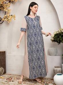 Al Najma Women's Casual Geometric Printed Patchwork Dress