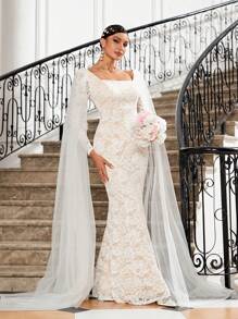 SHEIN Belle Women's Elegant Romantic Wedding Dress Square Collar Flowing Shawl Mesh Wafting Sleeve Elegant Fishtail Dress Body With White Lace Fabric Mesh Stitching Show Romantic Wedding Dress - White - View 4