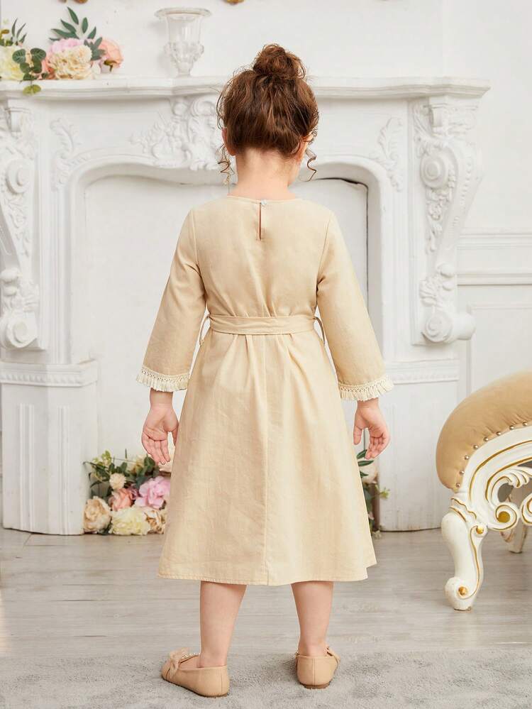 Ramadan Young Girls' Casual Plain Color Fringed V-Neck Long Sleeve Dress, Suitable For Daily Wear, Festivals, And Parties, Summer