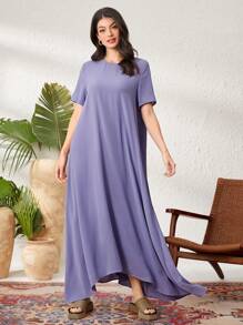 Seusyu 女士圓領短袖不對稱裙擺連衣裙 - 紫色 - 查看 1