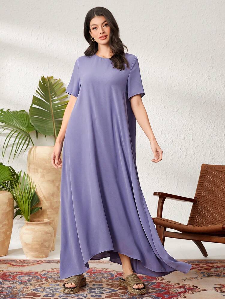 Women's Round Neck Short Sleeve Asymmetrical Hem Dress