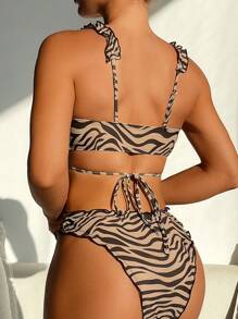 SHEIN Swim Summer Beach Zebra Patterned Ruffled Edge Bikini Set Carnival - Multicolor - View 2