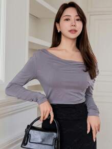 DAZY 女款純色長袖t恤 - 藍色 - 查看 5