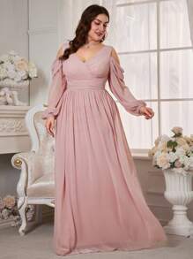 Plus Size Women Open Shoulder Long Sleeve Chiffon Bridesmaid Dress - Pink - View 4