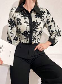 Modelyn 女士花卉印花長袖襯衫 - 杏色 - 查看 3