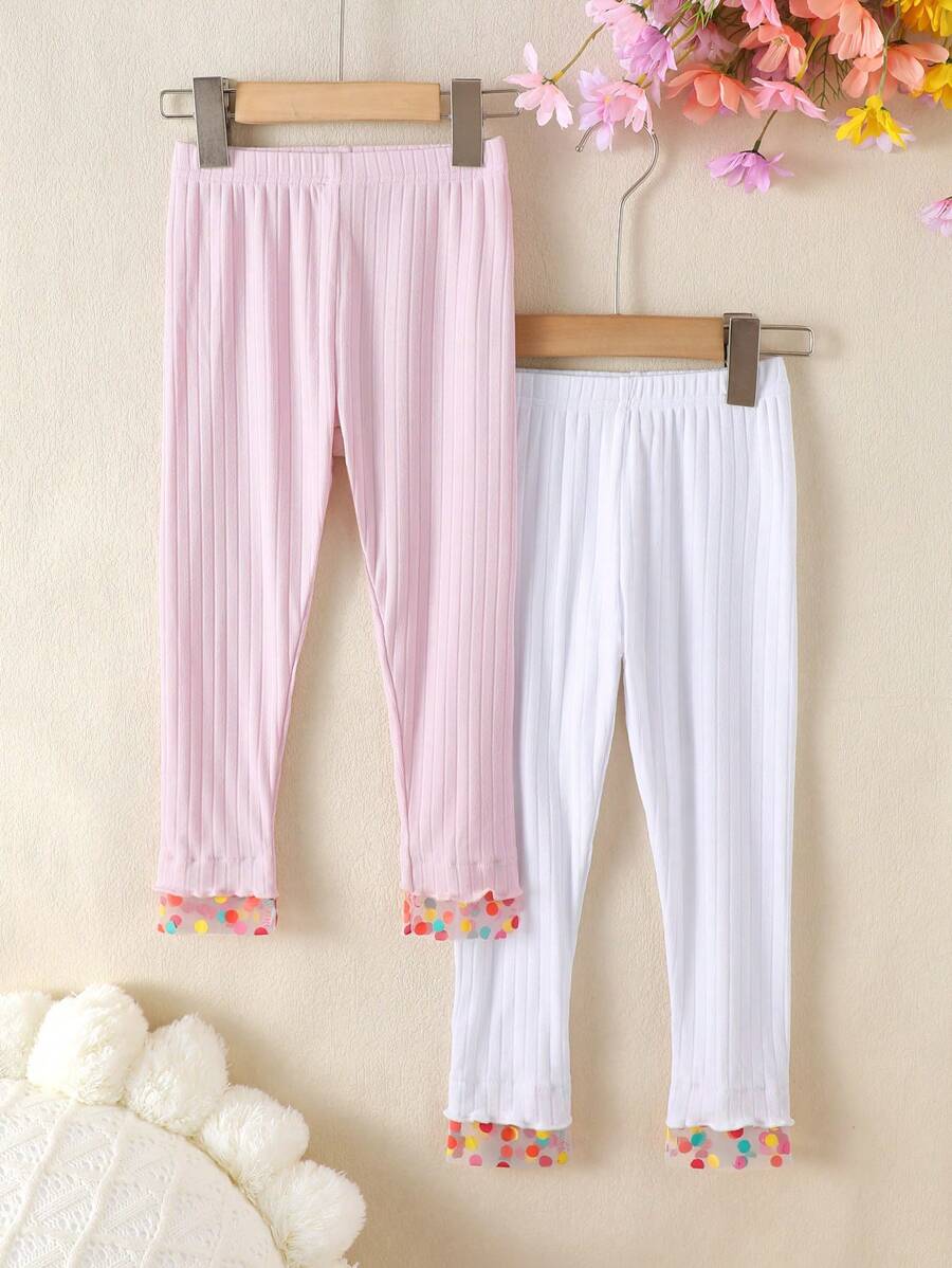 SHEIN Young Girl Cute Casual Knitted Asymmetric Patchwork Colorful Mesh Trim Long Pants 2pcs/Set Tights - Multicolor - View 1