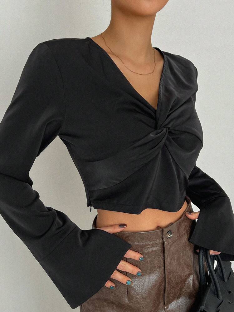 Solid Color Short Crop Long Sleeve V Neck Women's Blouse Going Out Tops Women
