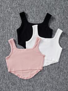 3 Piezas/juego De Tops Sin Mangas De Cuello Cuadrado De Punto Y Color Sólido Para Niñas Entre 10 Y 14 Años - Multicolor - Ver 2