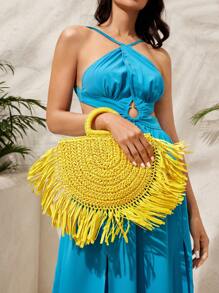 SHEIN VCAY Bolso de mano tejido simple y cotidiano de unicolor para mujer - Amarillo - Ver 2