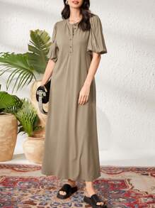 Seusyu Women's Button Front Puff Short Sleeve Dress - Army Green - View 8