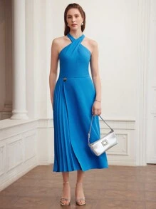 MOTF PREMIUM Dệt Của phụ nữ Crisscross Halter Neck Xếp li Bảng Đầm - Màu xanh lam - Xem 8