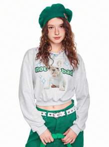 SHEINNeu 女裝灰色短版春夏條紋套頭衫,印有小狗和字母圖案