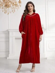加大尺碼燈籠袖折疊褶皺斜口袋連衣裙 - 紅色 - 查看 5