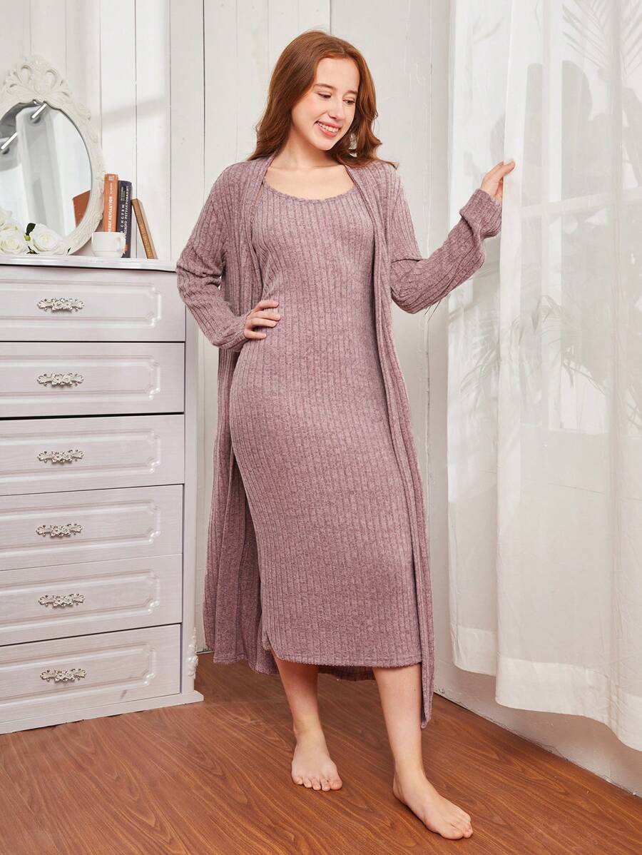 2入組少女實色長袖夾克和camidress睡衣套裝 - 灰色 - 查看 1