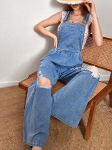 Breezaya Women's Pocket & Front Ripped Denim Overalls - Light Wash - View 3