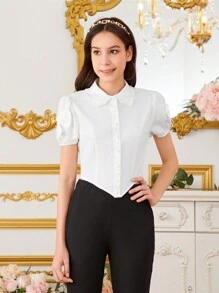 Teen Girl's Puff Short Sleeve Asymmetrical Hem Shirt - White - View 3