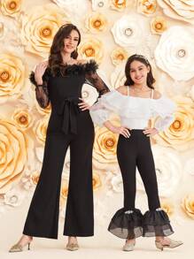 SHEIN Blusa De Organza De Manga Comprida Com Ombros De Fora, Gola De Babados De Camadas Duplas Para Meninas Pré-adolescentes - Branco - Visão 2